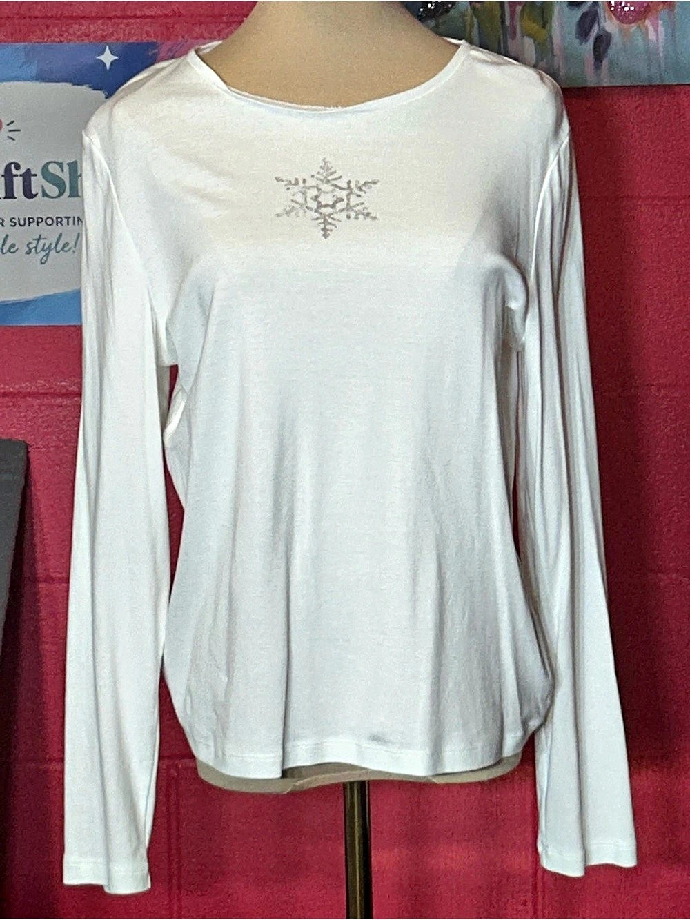 Talbots Long Sleeve Crewneck Tee - Foil Snowflake White